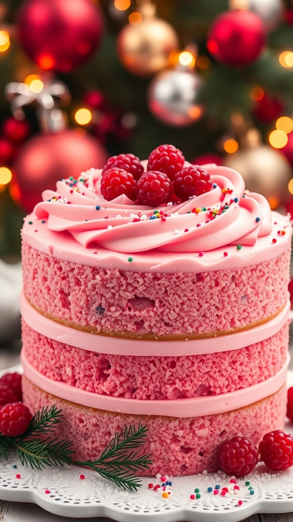 A pink Christmas cake with frosting and sprinkles, decorated with berries, on a festive holiday table.